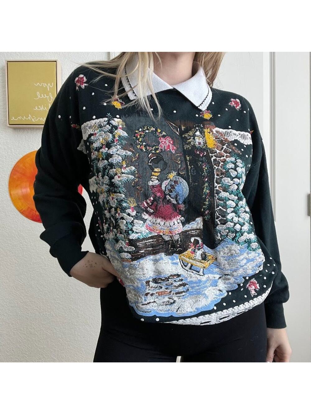 Vintage 90s Winter Graphic Collared Crewneck Sz M